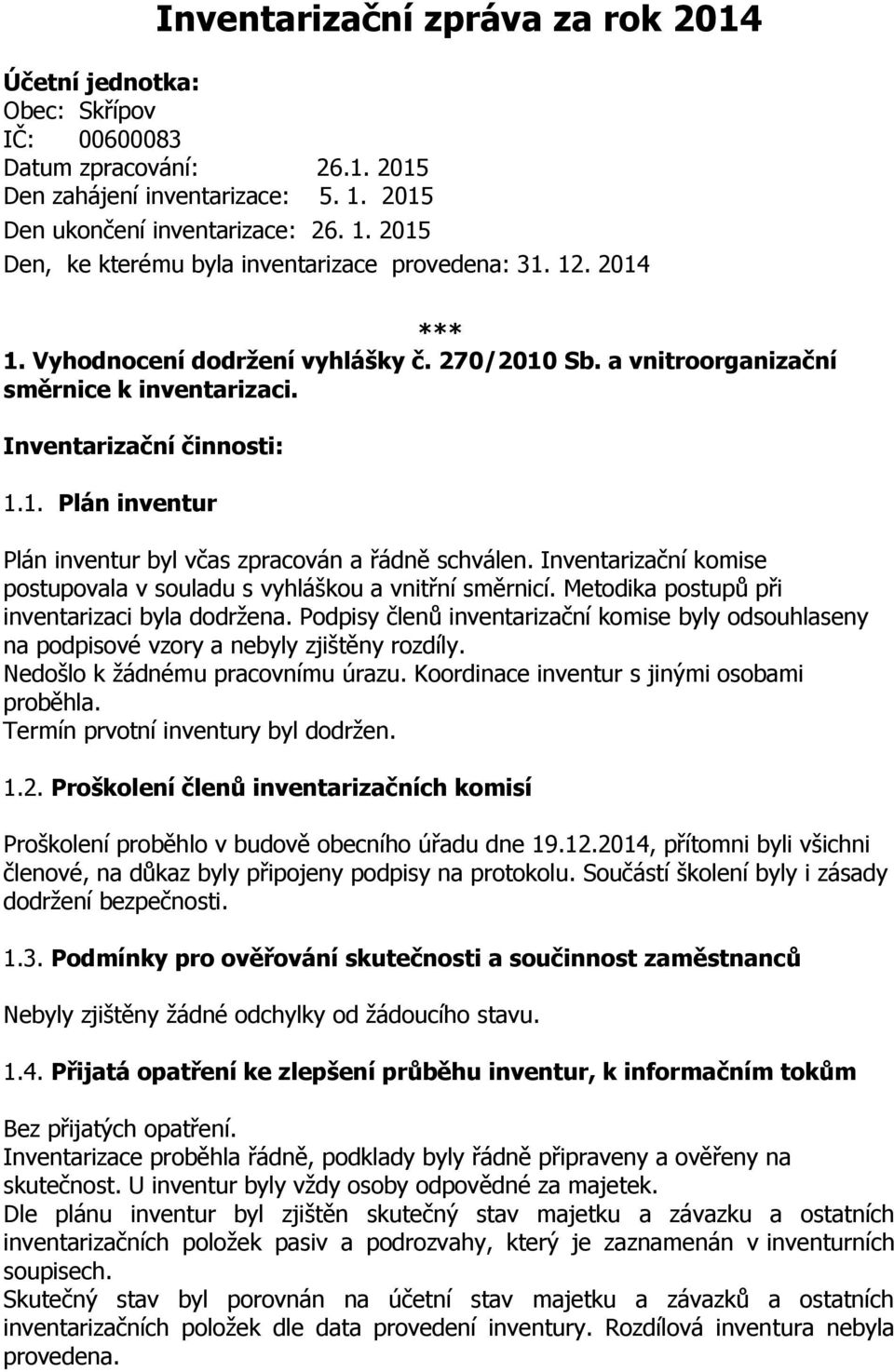 Inventarizační komise postupovala v souladu s vyhláškou a vnitřní směrnicí. Metodika postupů při inventarizaci byla dodržena.