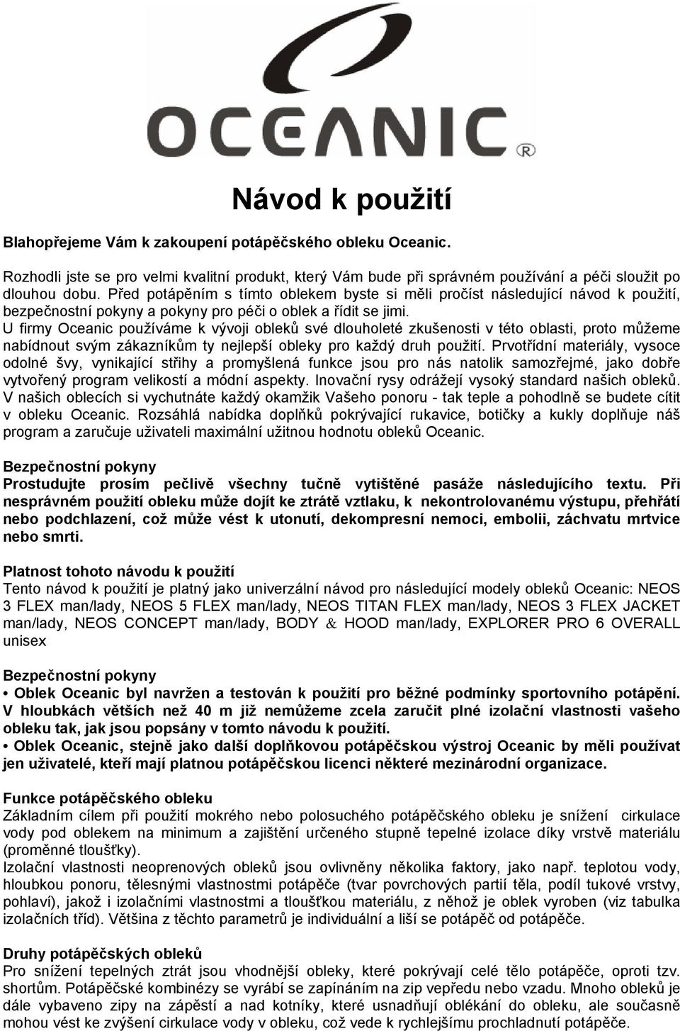 Návod k použití. Blahopřejeme Vám k zakoupení potápěčského obleku Oceanic.  - PDF Stažení zdarma