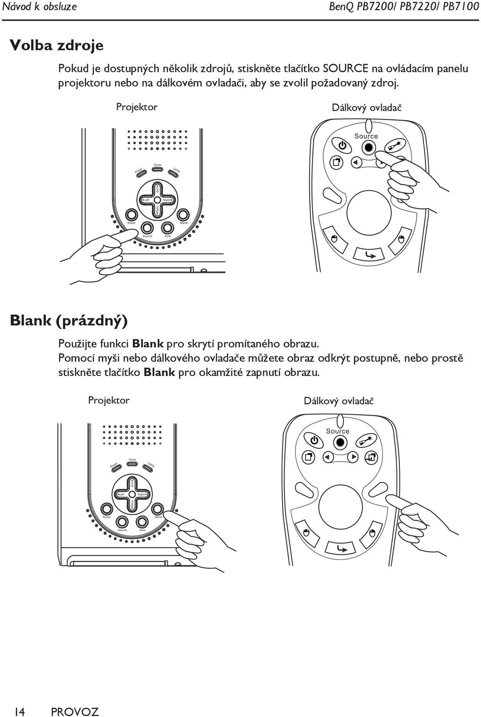 Projektor Dálkový ovladač Blank (prázdný) Použijte funkci Blank pro skrytí promítaného obrazu.