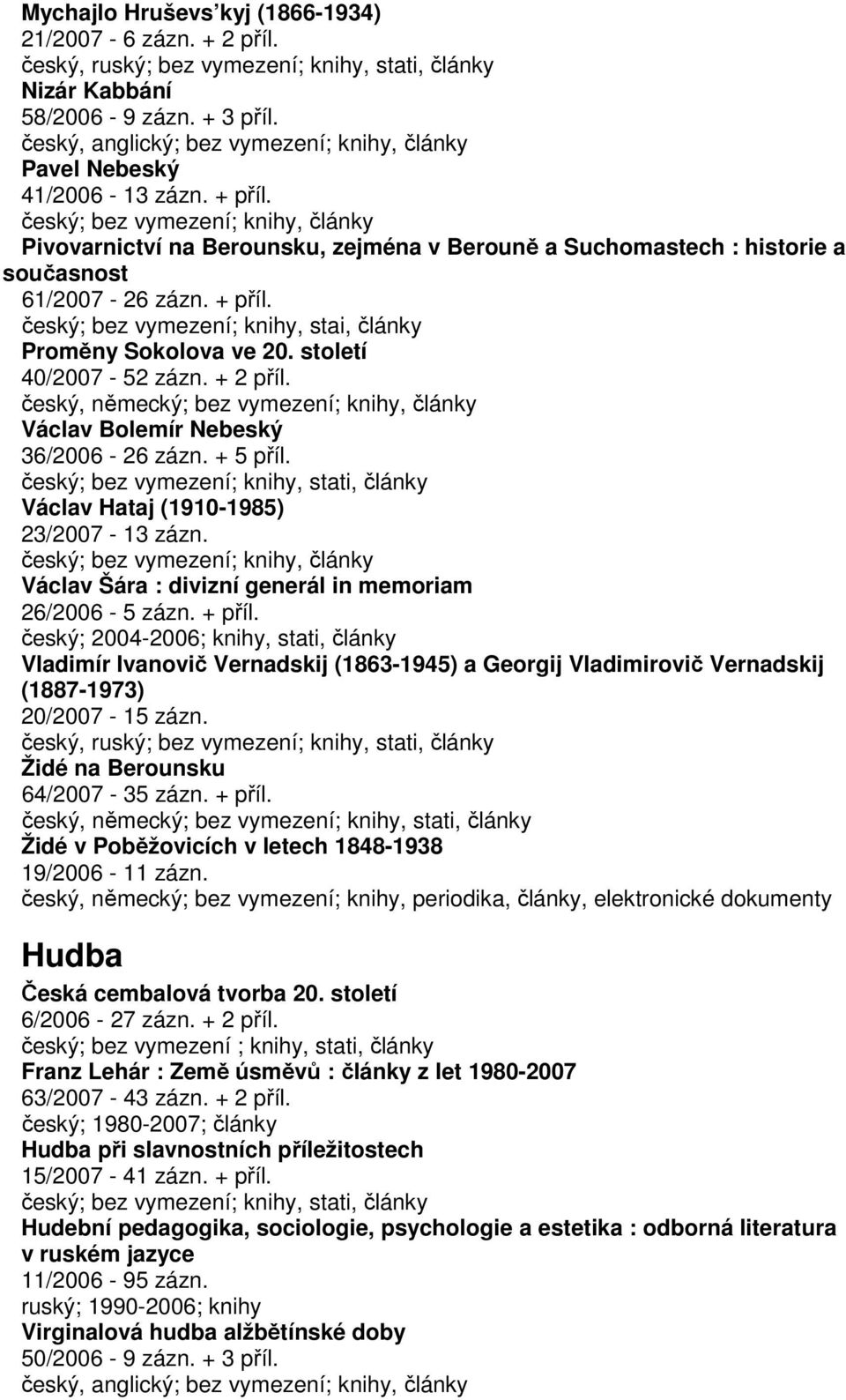 český; bez vymezení; knihy, články Pivovarnictví na Berounsku, zejména v Berouně a Suchomastech : historie a současnost 61/2007-26 zázn. + příl.