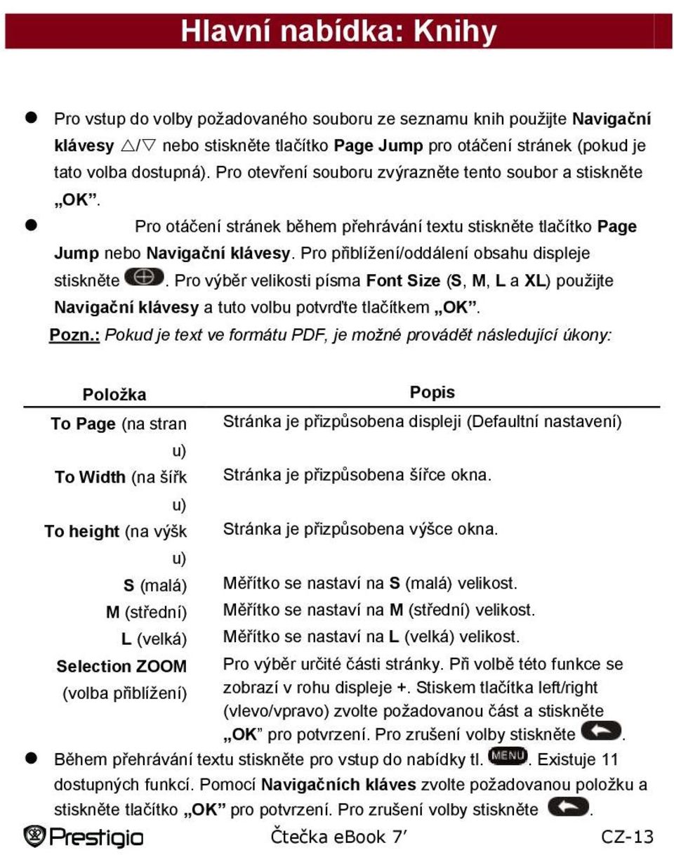 Pro přiblížení/oddálení obsahu displeje stiskněte. Pro výběr velikosti písma Font Size (S, M, L a XL) použijte Navigační klávesy a tuto volbu potvrďte tlačítkem OK. Pozn.