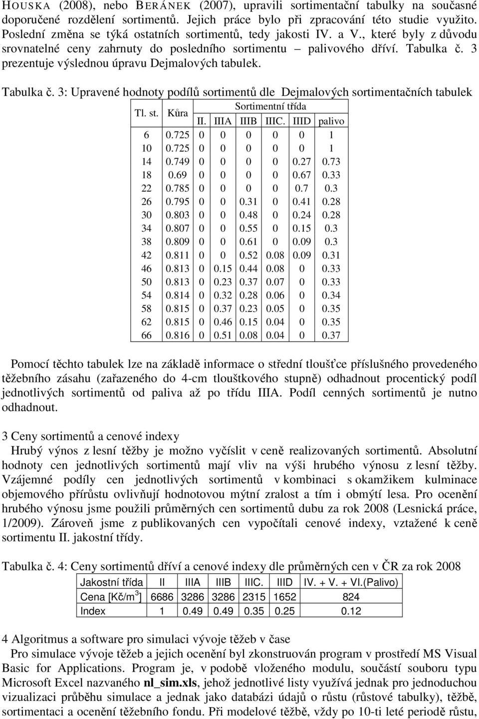 3 prezentuje výslednou úpravu Dejmalových tabulek. Tabulka č. 3: Upravené hodnoty podílů sortimentů dle Dejmalových sortimentačních tabulek Tl. st. Kůra Sortimentní třída II. IIIA IIIB IIIC.