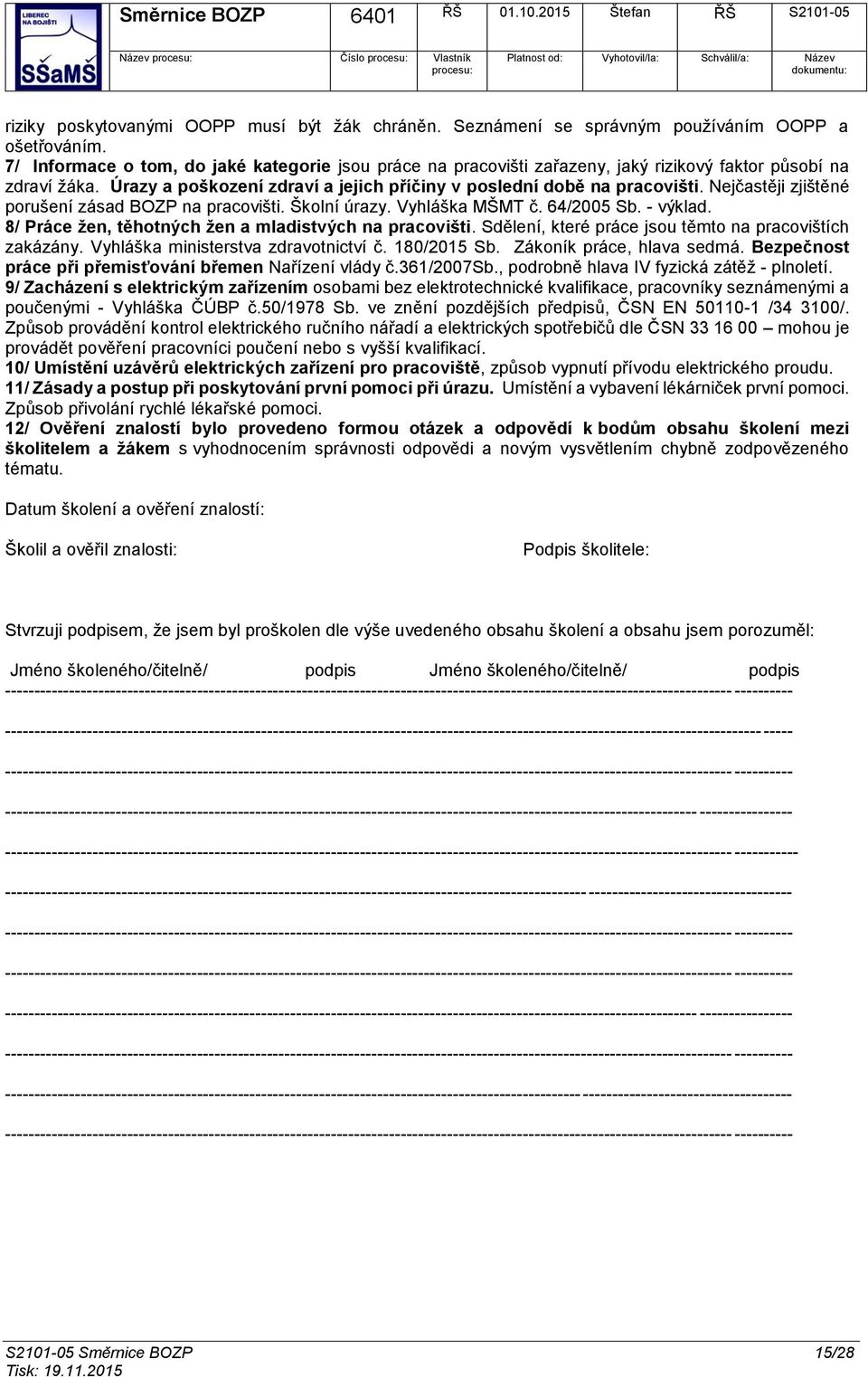 Nejčastěji zjištěné prušení zásad BOZP na pracvišti. Šklní úrazy. Vyhláška MŠMT č. 64/2005 Sb. - výklad. 8/ Práce žen, těhtných žen a mladistvých na pracvišti.