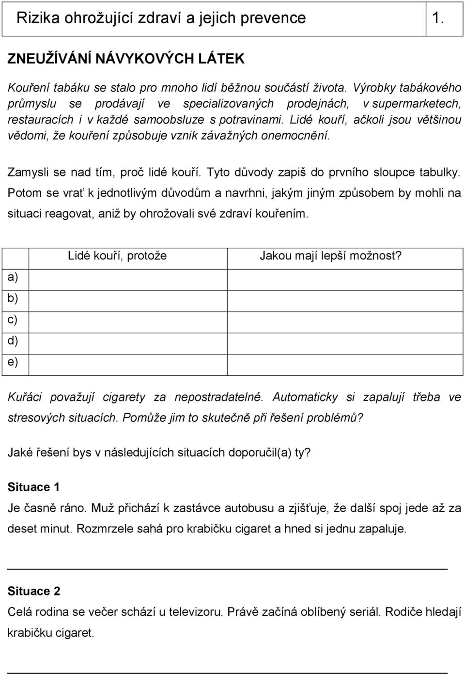 Lidé kouří, ačkoli jsou většinou vědomi, že kouření způsobuje vznik závažných onemocnění. Zamysli se nad tím, proč lidé kouří. Tyto důvody zapiš do prvního sloupce tabulky.