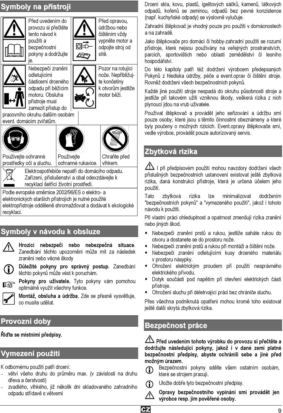 Pozor na rotující nože. Nepřibližujte končetiny k otvorům jestliže motor běží.