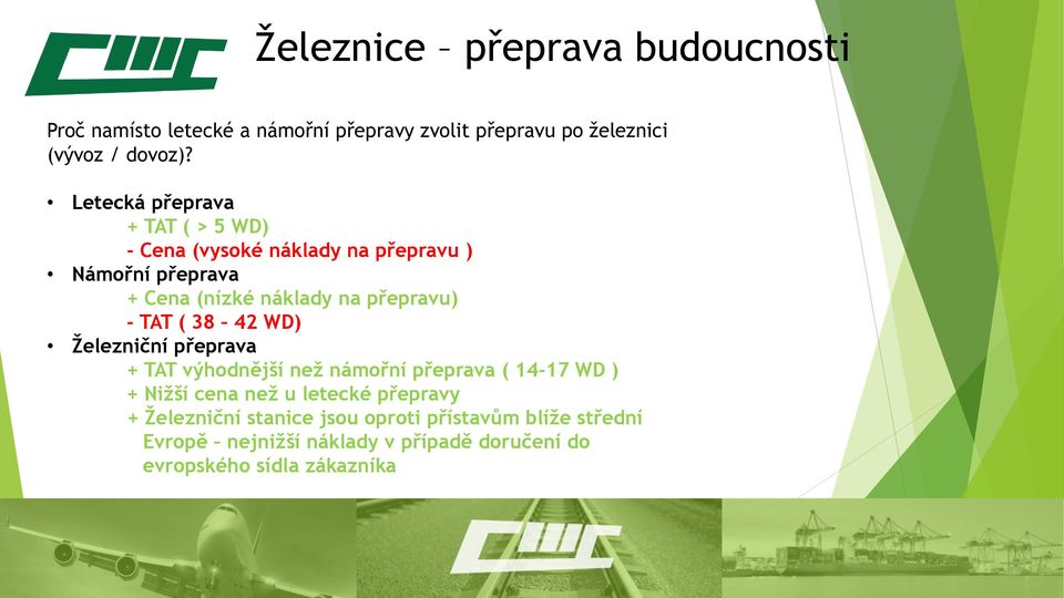 TAT ( 38 42 WD) Železniční přeprava + TAT výhodnější než námořní přeprava ( 14-17 WD ) + Nižší cena než u letecké přepravy