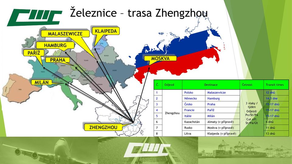 5 dne 3 Česko Praha 3 vlaky / týden 15-17 dnů 4 Francie Paříž Odjezd: 15-17 dnů Zhengzhou 5 Itálie Milán