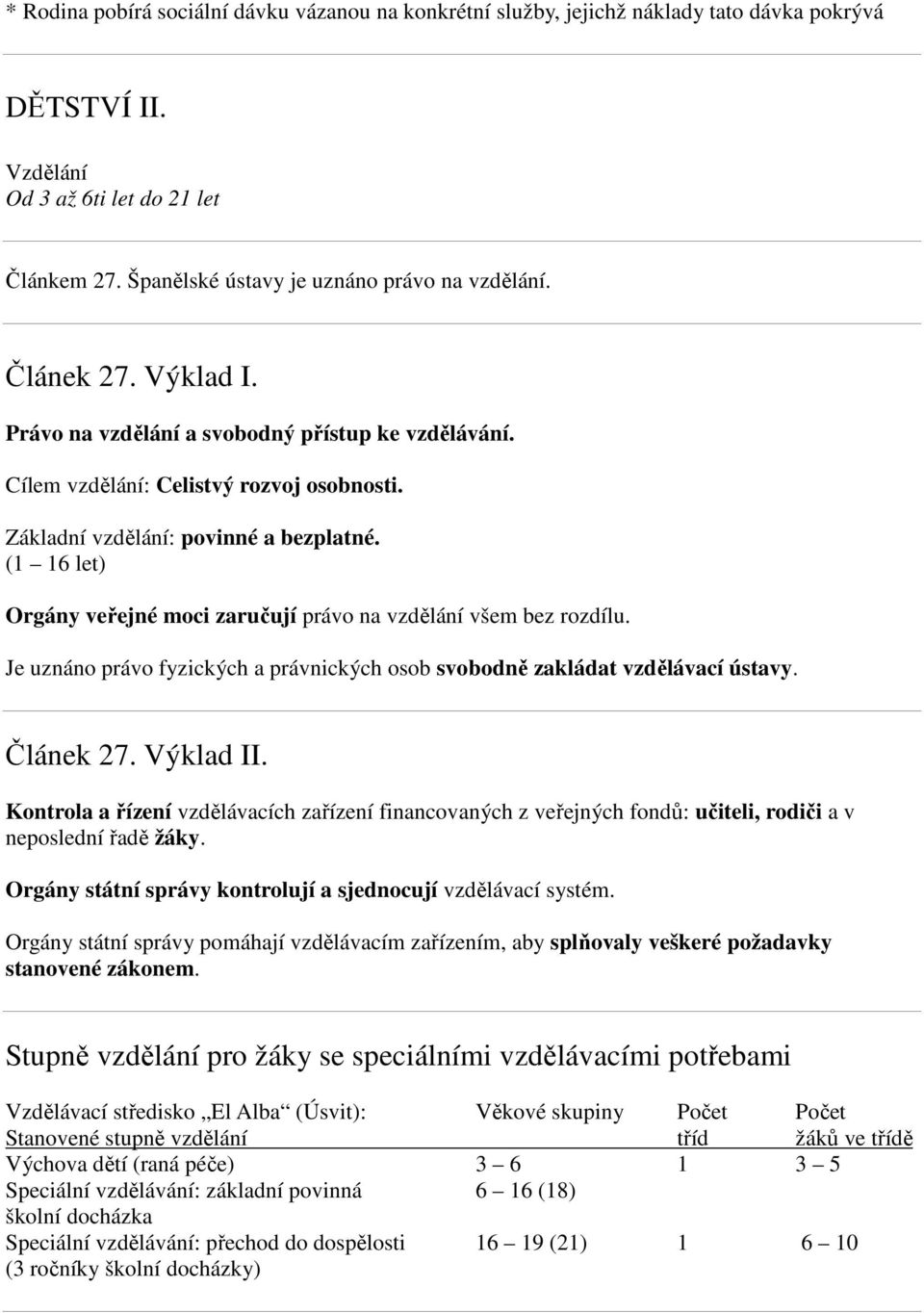 (1 16 let) Orgány veřejné moci zaručují právo na vzdělání všem bez rozdílu. Je uznáno právo fyzických a právnických osob svobodně zakládat vzdělávací ústavy. Článek 27. Výklad II.