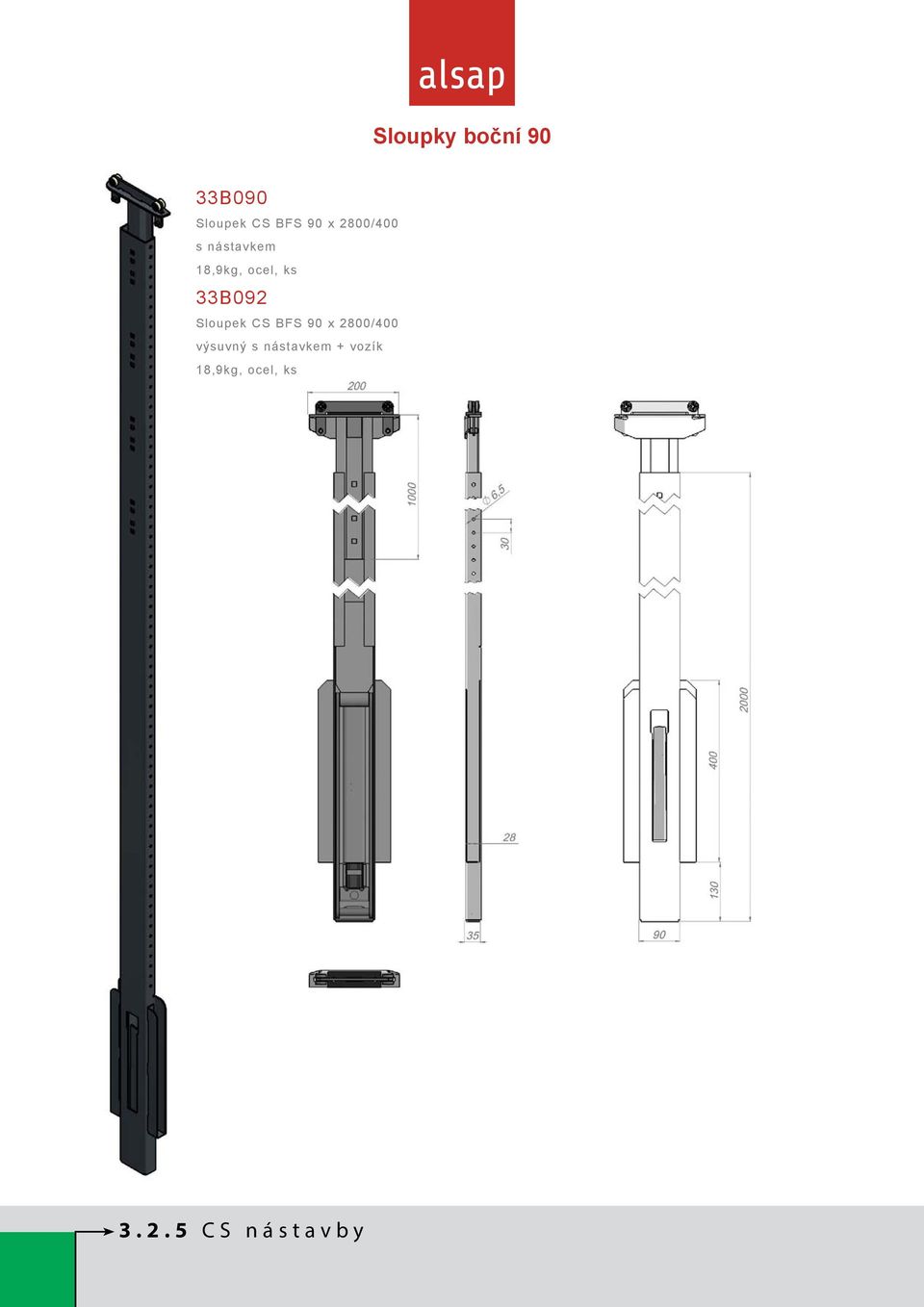 Sloupek CS BFS 90 x 2800/400 výsuvný s