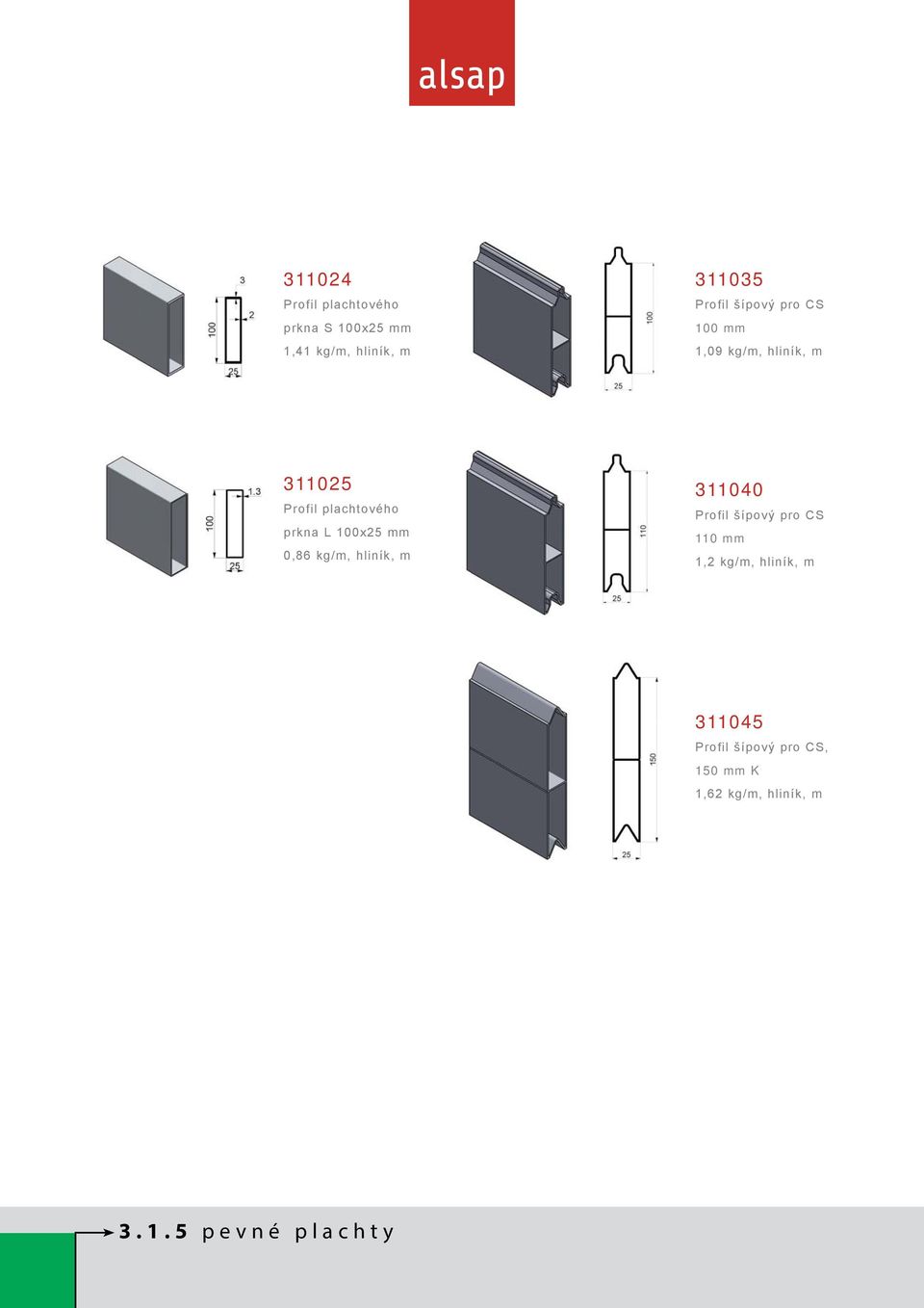 100x25 mm 0,86 kg/m, hliník, m 311040 Profil šípový pro CS 110 mm 1,2 kg/m,