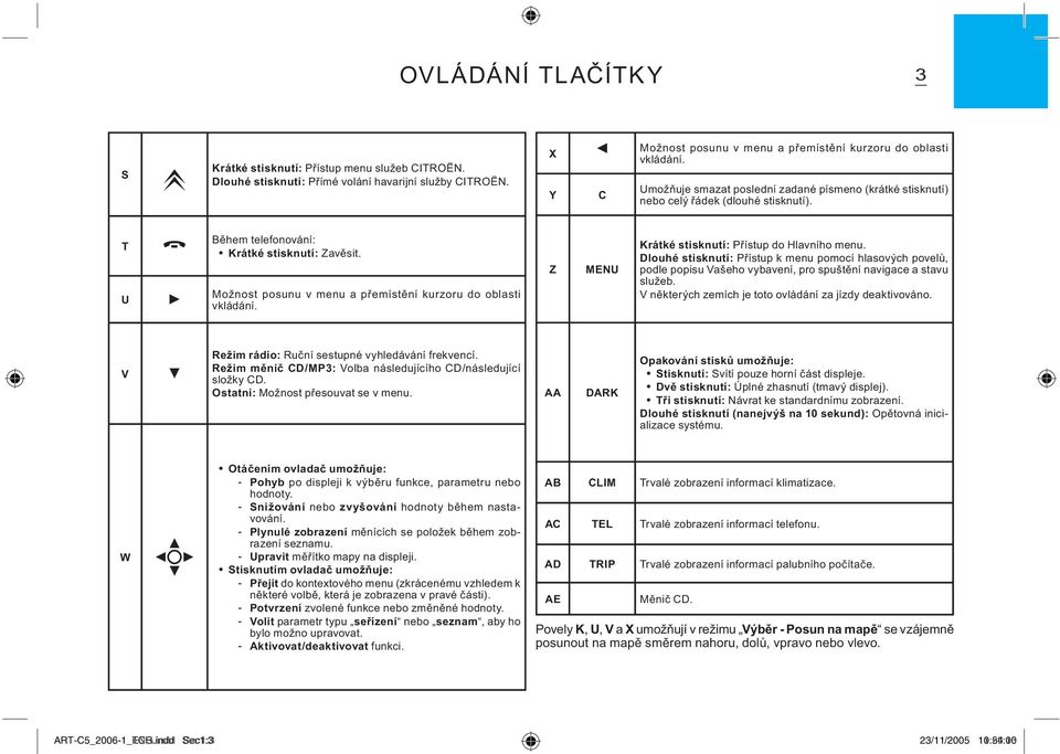 Možnost posunu v menu a přemístění kurzoru do oblasti vkládání. ZMENU Krátké stisknutí: Přístup do Hlavního menu.