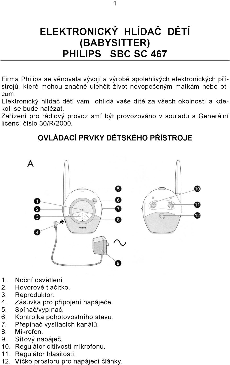 Zařízení pro rádiový provoz smí být provozováno v souladu s Generální licencí číslo 30/R/2000. OVLÁDACÍ PRVKY DĚTSKÉHO PŘÍSTROJE 1. Noční osvětlení. 2. Hovorové tlačítko. 3. Reproduktor.