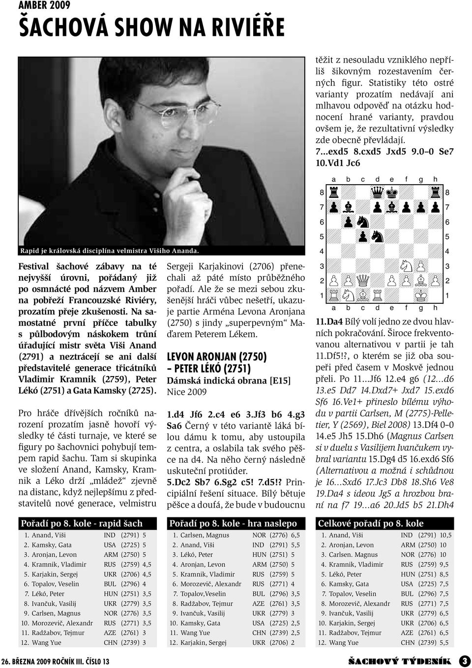 Na samostatné první příčce tabulky s půlbodovým náskokem trůní úřadující mistr světa Viši Anand (2791) a neztrácejí se ani další představitelé generace třicátníků Vladimir Kramnik (2759), Peter Lékó