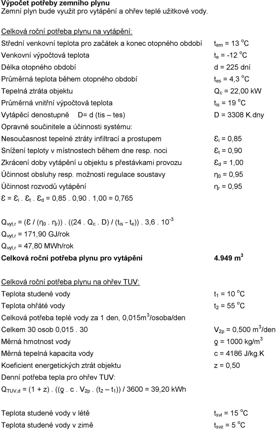 teplota během otopného období t es = 4,3 o C Tepelná ztráta objektu Q c = 22,00 kw Průměrná vnitřní výpočtová teplota t is = 19 o C Vytápěcí denostupně D= d (tis tes) D = 3308 K.
