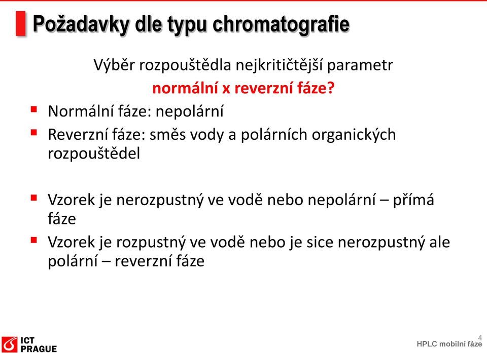 Normální fáze: nepolární Reverzní fáze: směs vody a polárních organických