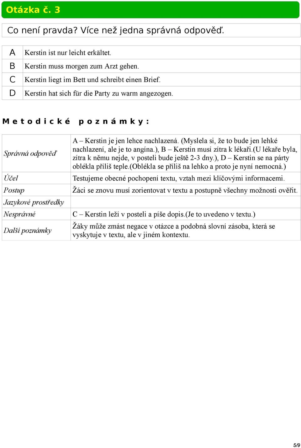 (u lékaře byla, zítra k němu nejde, v posteli bude ještě 2-3 dny.), Kerstin se na párty oblékla příliš teple.(oblékla se příliš na lehko a proto je nyní nemocná.