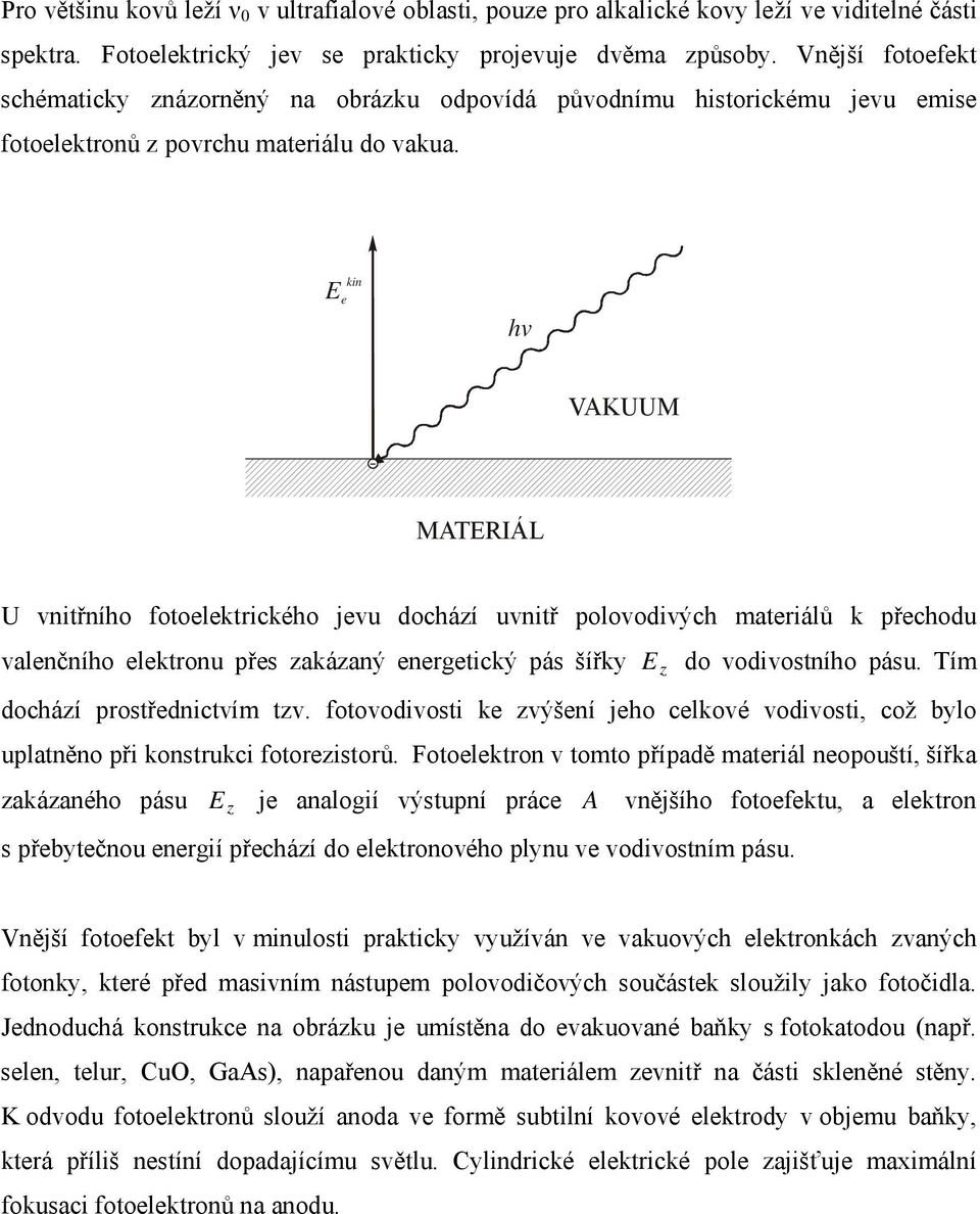 E e hv VAKUUM MATERIÁL U vnitřního fotoelektrického jevu dochází uvnitř polovodivých materiálů k přechodu valenčního elektronu přes zakázaný energetický pás šířky E z do vodivostního pásu.