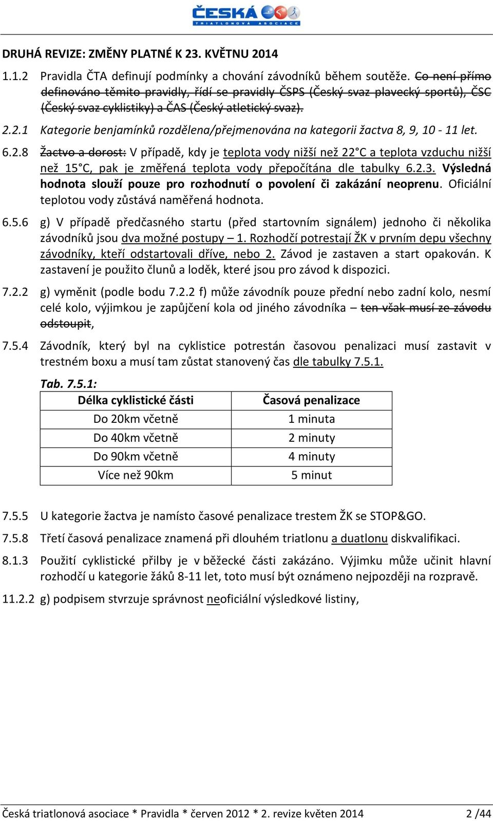 2.1 Kategorie benjamínků rozdělena/přejmenována na kategorii žactva 8, 9, 10-11 let. 6.2.8 Žactvo a dorost: V případě, kdy je teplota vody nižší než 22 C a teplota vzduchu nižší než 15 C, pak je změřená teplota vody přepočítána dle tabulky 6.