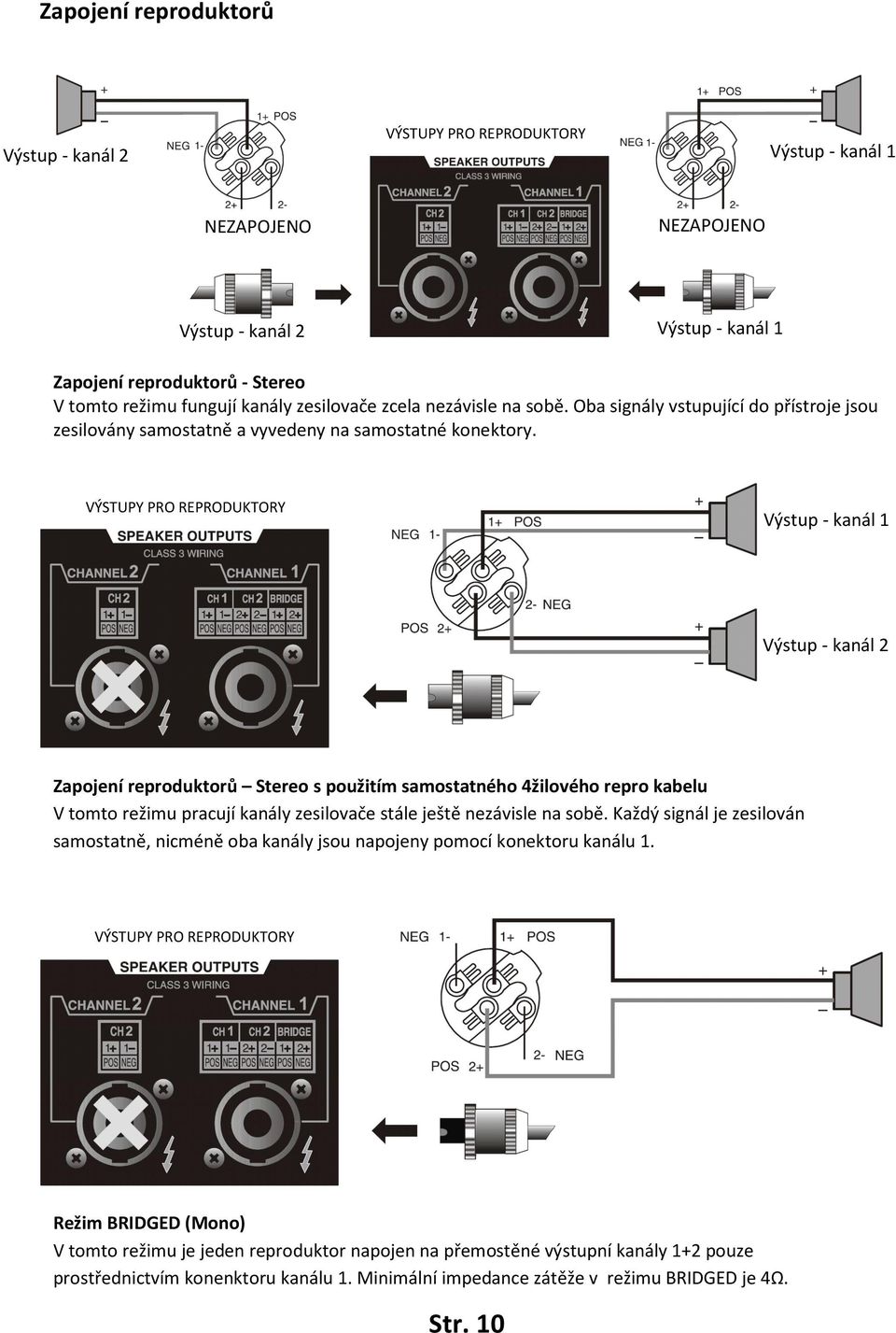 VÝSTUPY PRO REPRODUKTORY Výstup - kanál 1 Výstup - kanál 2 Zapojení reproduktorů Stereo s použitím samostatného 4žilového repro kabelu V tomto režimu pracují kanály zesilovače stále ještě nezávisle
