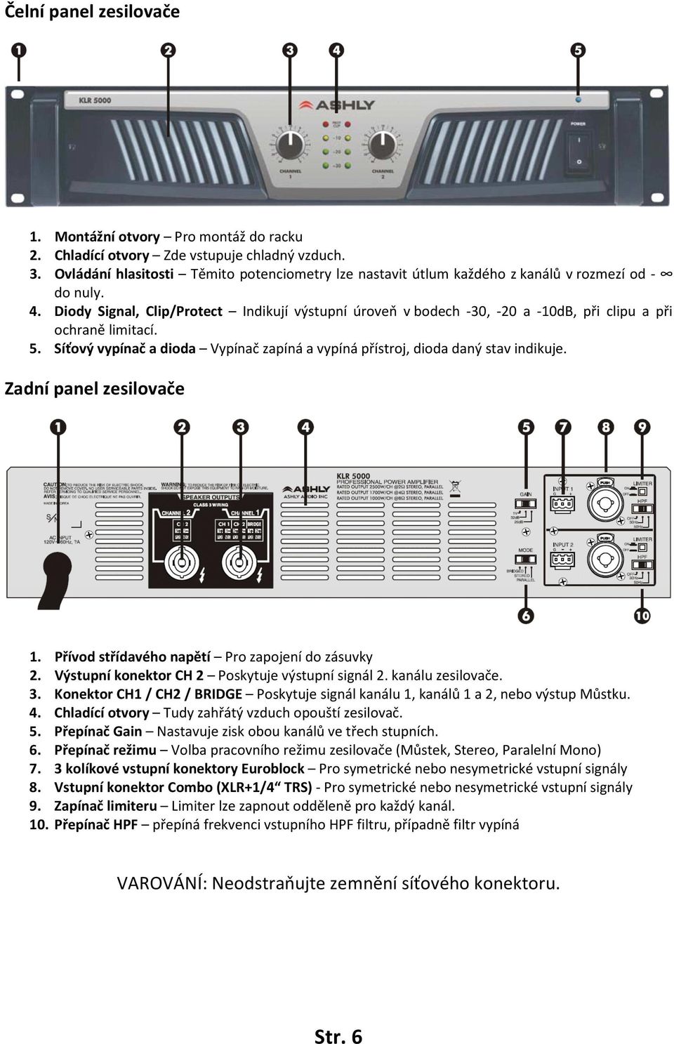 Diody Signal, Clip/Protect Indikují výstupní úroveň v bodech -30, -20 a -10dB, při clipu a při ochraně limitací. 5. Síťový vypínač a dioda Vypínač zapíná a vypíná přístroj, dioda daný stav indikuje.