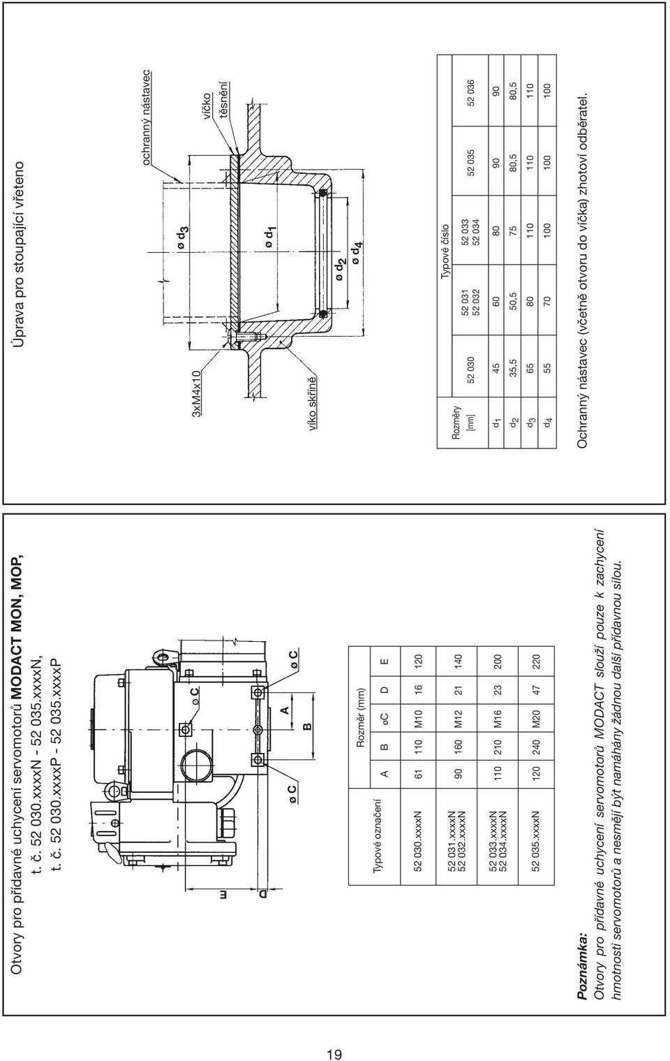 xxxxN 120 240 M20 47 220 Poznámka: Otvory pro přídavné uchycení servomotorů MODACT slouží pouze k zachycení hmotnosti servomotorů a nesmějí být namáhány žádnou další přídavnou silou.