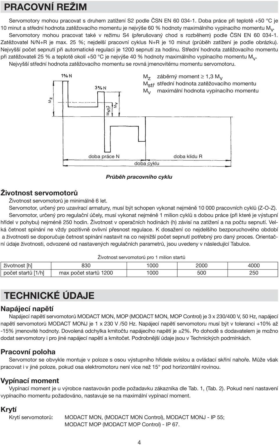 Servomotory mohou pracovat také v režimu S4 (přerušo vaný chod s rozběhem) podle ČSN EN 60 034-1. Zatěžovatel N/N+R je max.