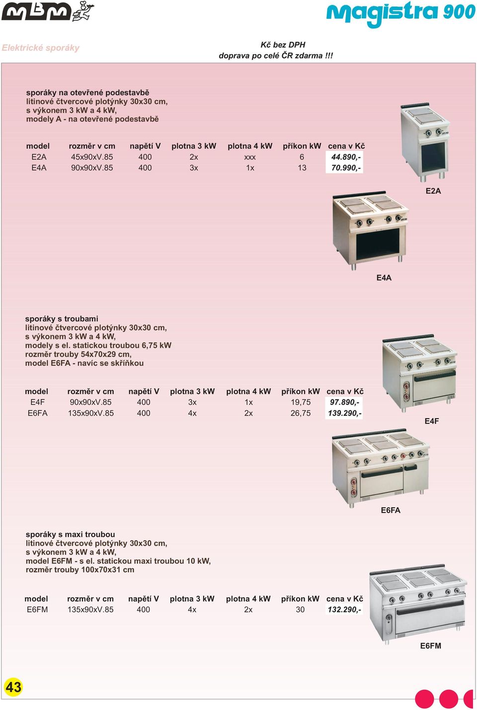 statickou troubou 6,75 kw rozmìr trouby 54x70x29 cm, model E6FA - navíc se skøíòkou model rozmìr v cm napìtí V plotna 3 kw plotna 4 kw pøíkon kw E4F 90x90xV.85 400 3x 1x 19,75 97.890,- E6FA 135x90xV.