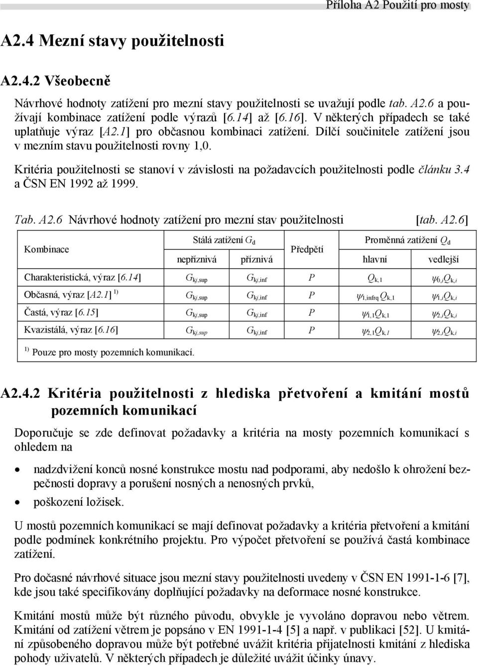 Kritéria použitelnosti se stanoví v závislosti na požadavcích použitelnosti podle článku 3.4 a ČSN EN 1992 až 1999. Tab. A2.