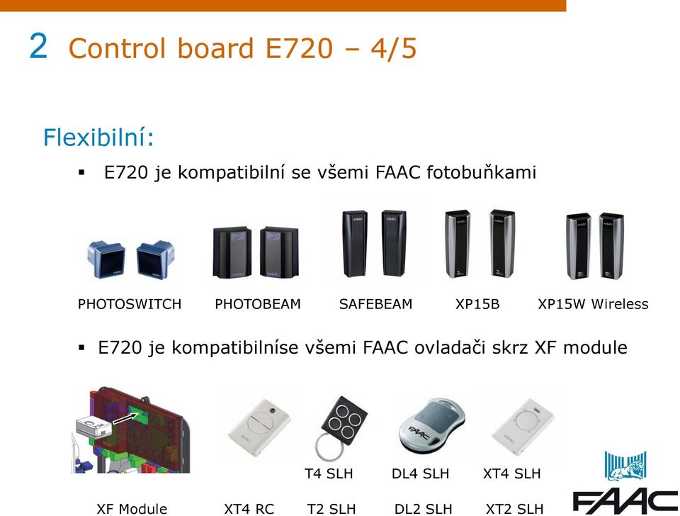 XP15W Wireless E720 je kompatibilníse všemi FAAC ovladači skrz