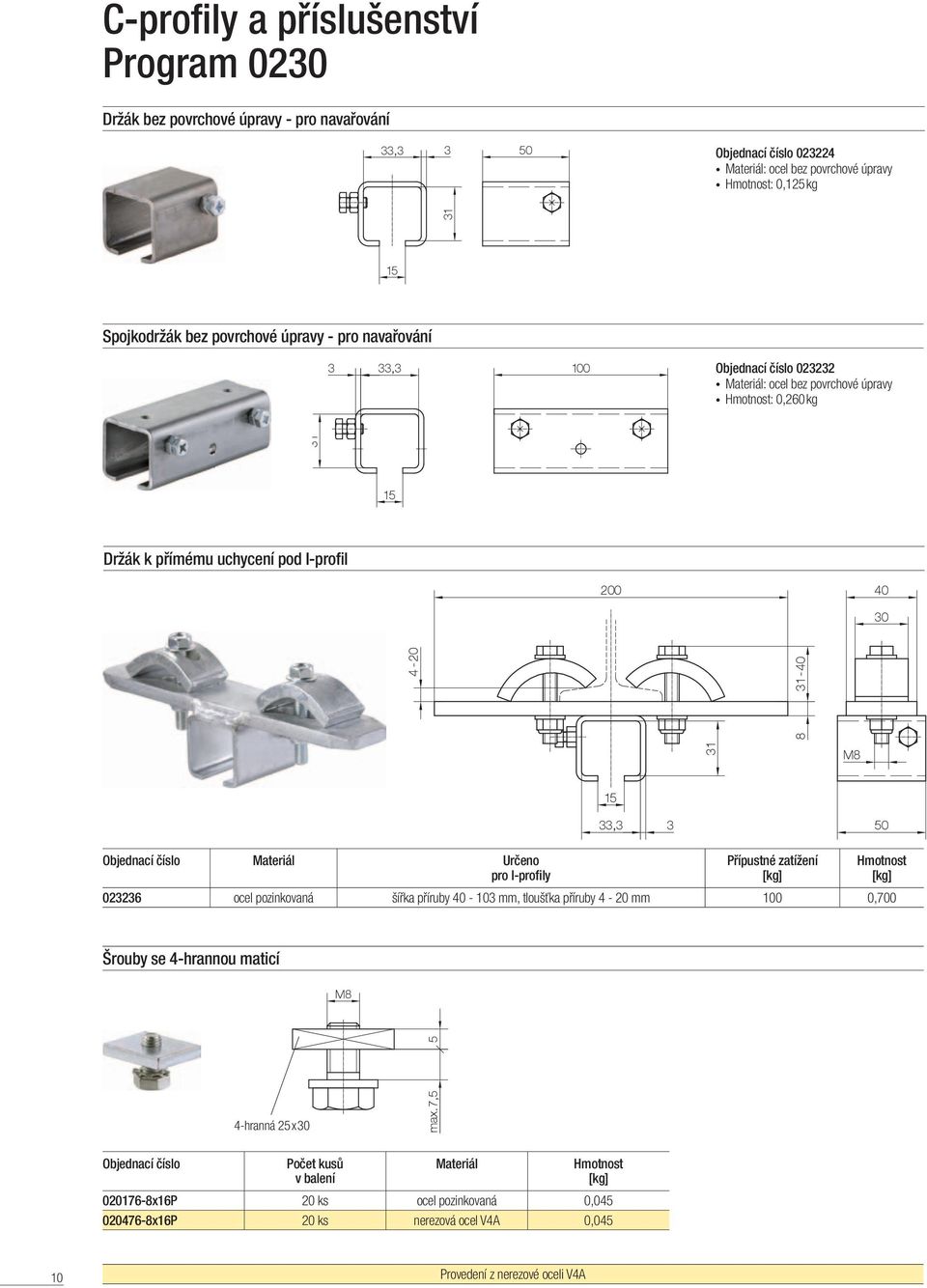 Objenací čílo Materiál Určeno pro I-profily Příputné zatížení 023236 ocel pozinkovaná šířka příruby - 103 mm, tloušťka příruby 4-20 mm 0,700 Šrouby e 4-hrannou maticí 5