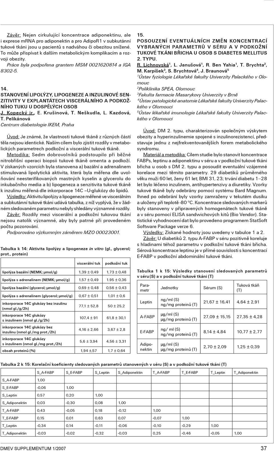 STANOVENÍ LIPOLÝZY, LIPOGENEZE A INZULINOVÉ SEN- ZITIVITY V EXPLANTÁTECH VISCERÁLNÍHO A PODKOŽ- NÍHO TUKU U DOSPĚLÝCH OSOB J. Kopecký jr., E. Krušinová, T. Neškudla, L. Kazdová, T.