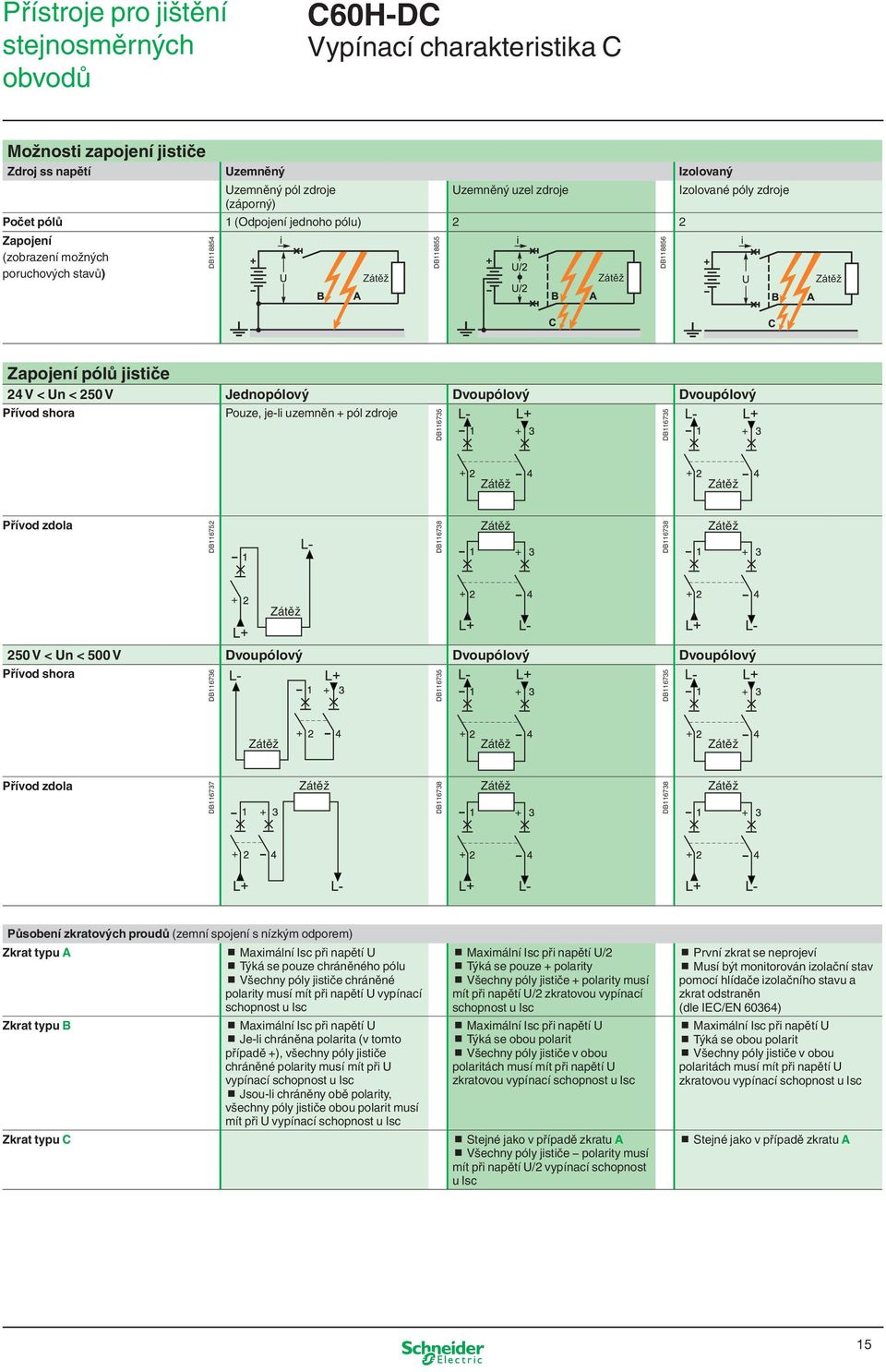 Jednopólový Dvoupólový Dvoupólový Přívod shora Pouze, je-li uzemněn + pól zdroje DB116735 DB116735 Zátěž Zátěž Přívod zdola DB116752 DB116738 Zátěž DB116738 Zátěž Zátěž 250 V < Un < 500 V Dvoupólový