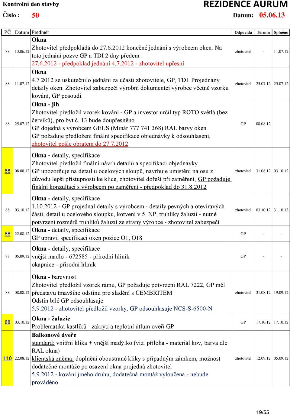 Okna - jih Zhotovitel předložil vzorek kování - GP a investor určil typ ROTO světlá (bez 88 červíků), pro byt č. 13 bude doupřesněno 25.07.