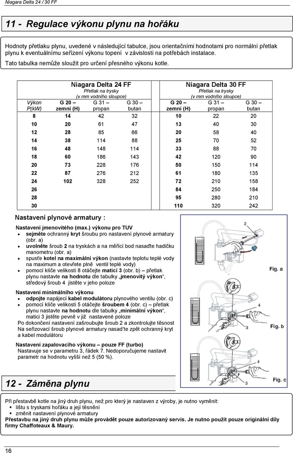 Niagara Delta 24 FF Niagara Delta 30 FF Přetlak na trysky Přetlak na trysky (v mm vodního sloupce) (v mm vodního sloupce) Výkon G 20 G 31 G 30 G 20 G 31 G 30 P(kW) zemní (H) propan butan zemní (H)