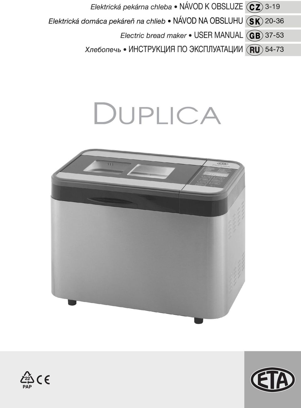 OBSLUHU Electric bread maker USER MANUAL