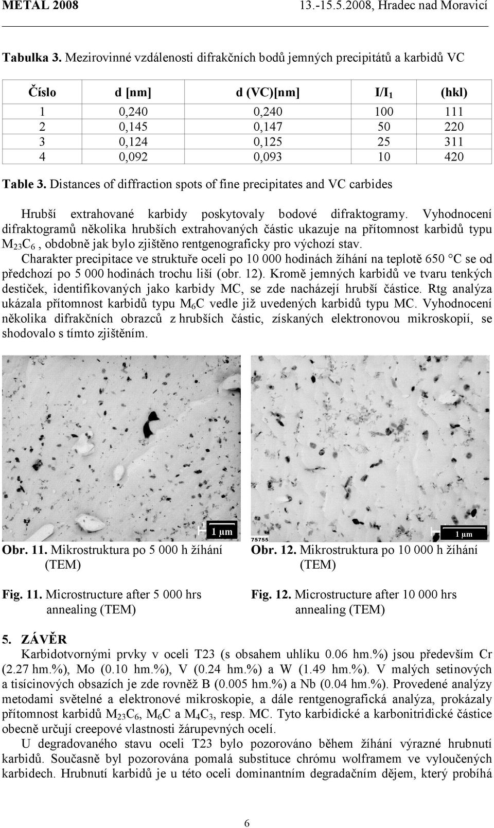 Table 3. Distances of diffraction spots of fine precipitates and VC carbides Hrubší extrahované karbidy poskytovaly bodové difraktogramy.