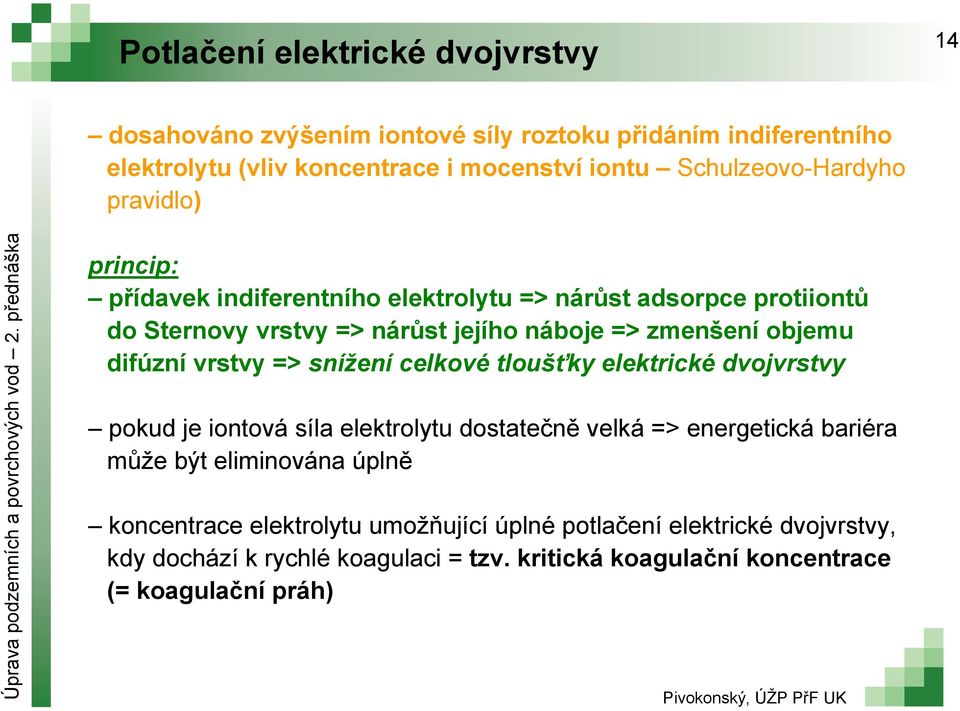 objemu difúzní vrstvy => snížení celkové tloušťky elektrické dvojvrstvy pokud je iontová síla elektrolytu dostatečně velká => energetická bariéra může být