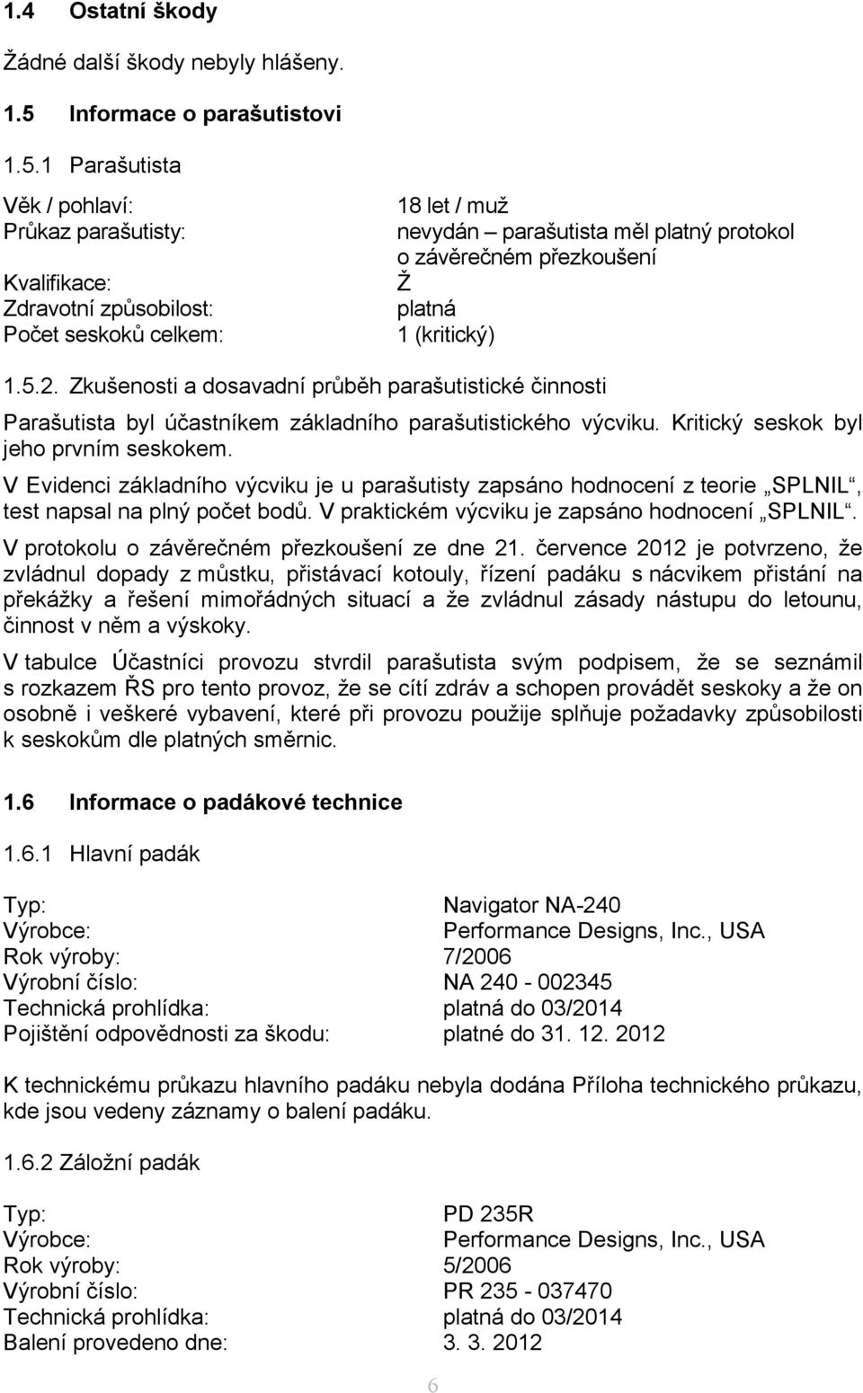 1 Parašutista Věk / pohlaví: Průkaz parašutisty: Kvalifikace: Zdravotní způsobilost: Počet seskoků celkem: 18 let / muž nevydán parašutista měl platný protokol o závěrečném přezkoušení Ž platná 1