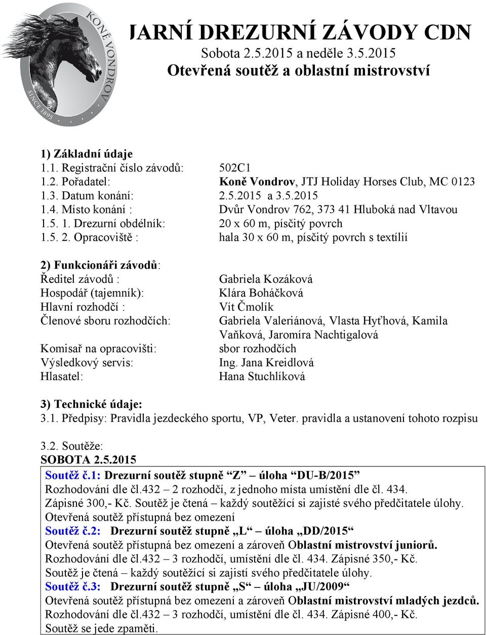 5.2015 a 3.5.2015 1.4. Místo konání : Dvůr Vondrov 762, 373 41 Hluboká nad Vltavou 1.5. 1. Drezurní obdélník: 20