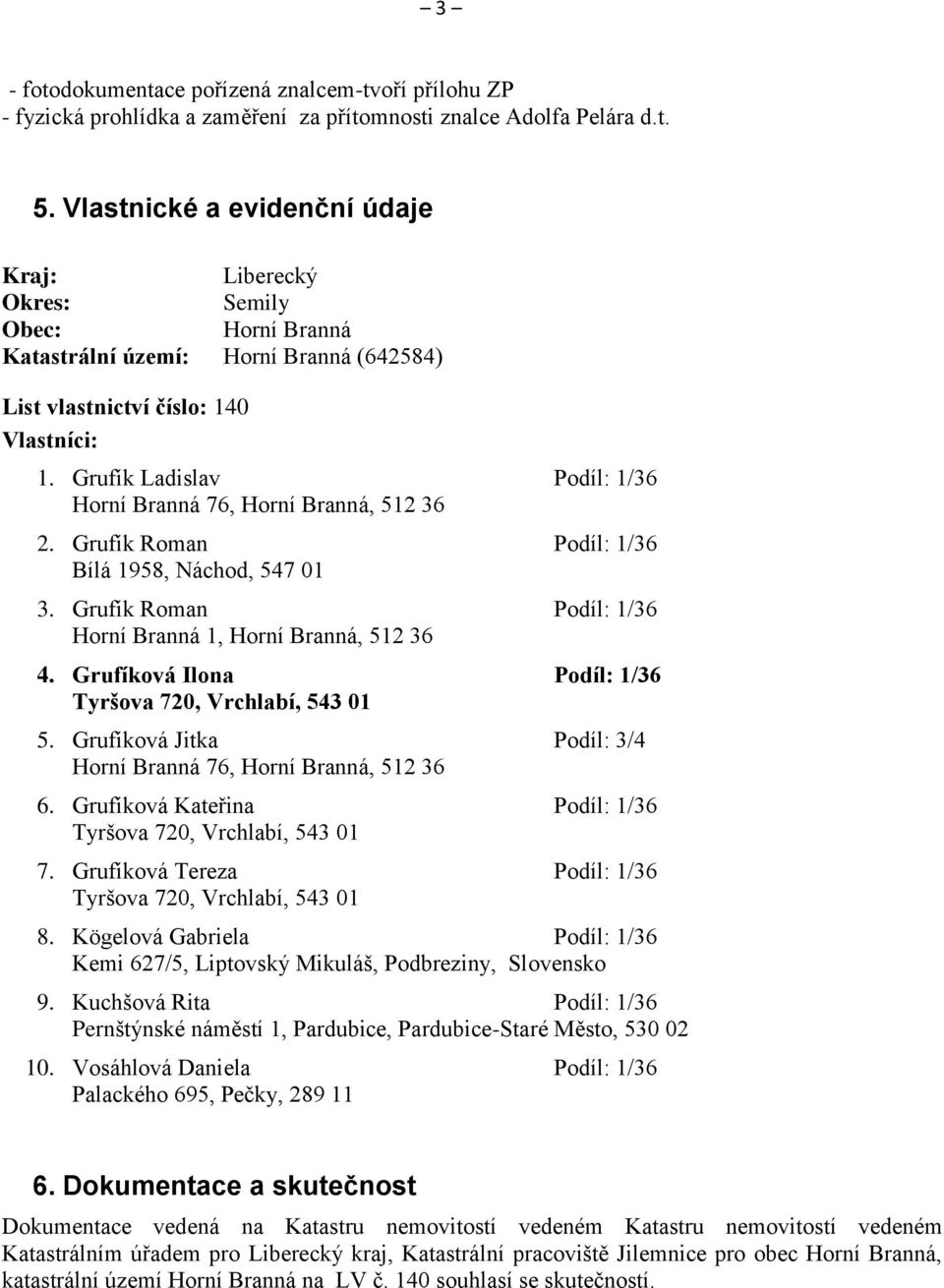 Grufík Ladislav Podíl: 1/36 Horní Branná 76, Horní Branná, 512 36 2. Grufík Roman Podíl: 1/36 Bílá 1958, Náchod, 547 01 3. Grufík Roman Podíl: 1/36 Horní Branná 1, Horní Branná, 512 36 4.