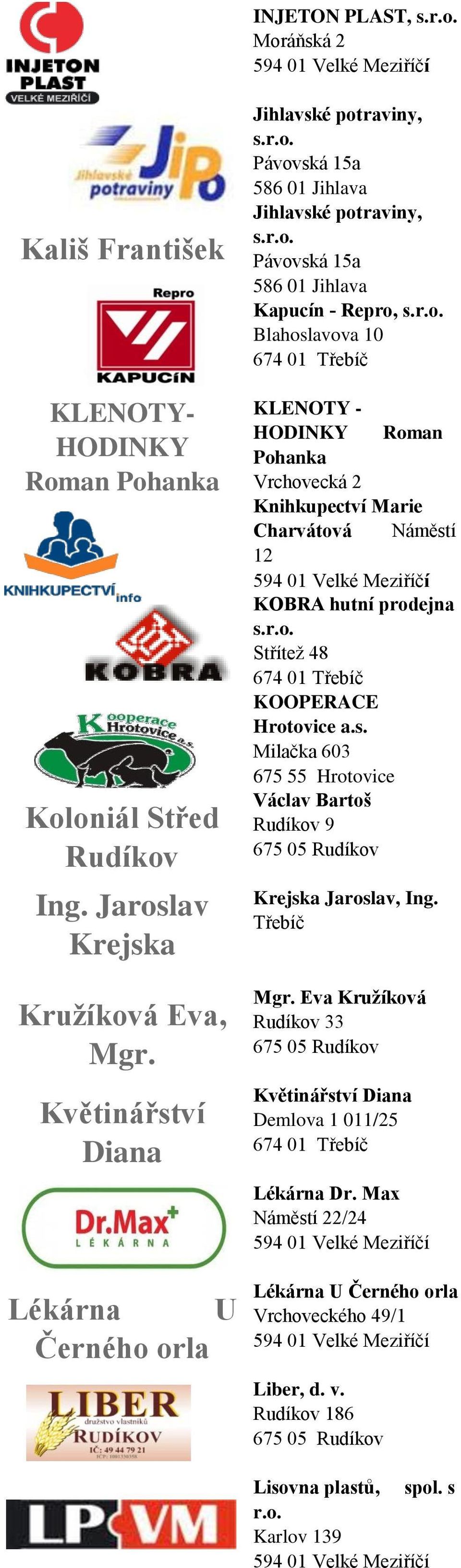 KLENOTY - HODINKY Roman Pohanka Vrchovecká 2 Knihkupectví Marie Charvátová Náměstí 12 KOBRA hutní prodejna Stříteţ 48 KOOPERACE Hrotovice a.s. Milačka 603 675 55 Hrotovice Václav Bartoš 9 Krejska Jaroslav, Ing.