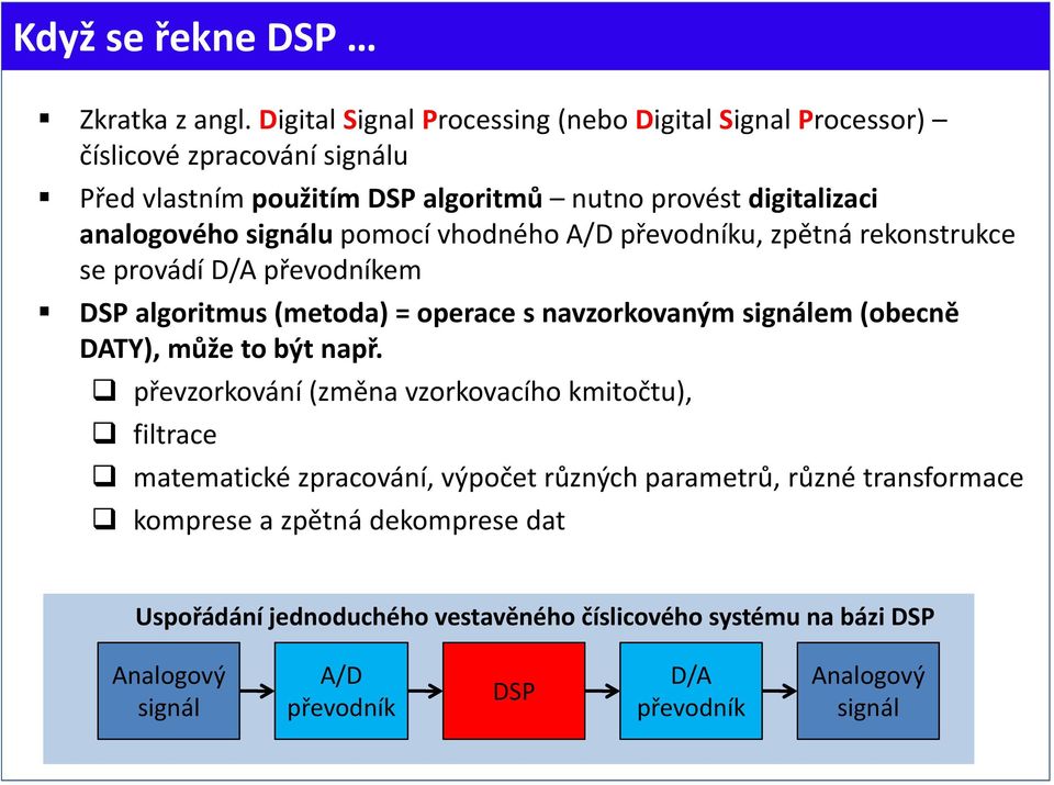 signálu pomocí vhodného A/D převodníku, zpětná rekonstrukce se provádí D/A převodníkem DSP algoritmus (metoda) = operace s navzorkovaným signálem (obecně DATY), může