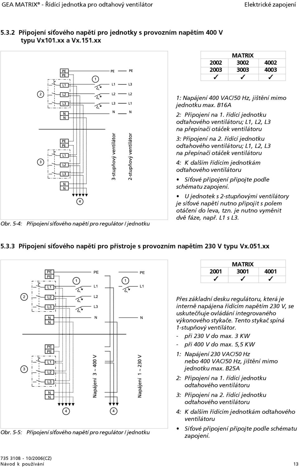 řídící jednotku odtahového ventilátoru; L1, L2, L3 na přepínači otáček ventilátoru 3: Připojení na 2.