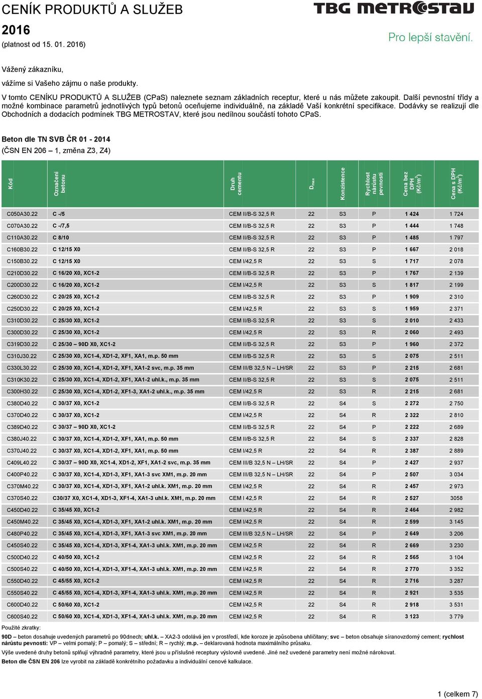 Dodávky se realizují dle Obchodních a dodacích podmínek TBG METROSTAV, které jsou nedílnou součástí tohoto CPaS. Beton dle TN SVB ČR 01-2014 (ČSN EN 206 1, změna Z3, Z4) betonu Cena s C050A30.