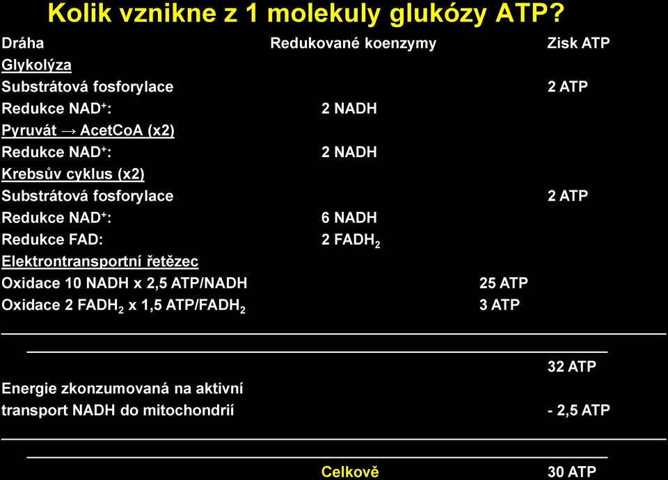 : Krebsův cyklus (x2) Substrátová fosforylace Redukce NAD + : 2 NADH 2 NADH 6 NADH Redukce FAD: 2 FADH 2