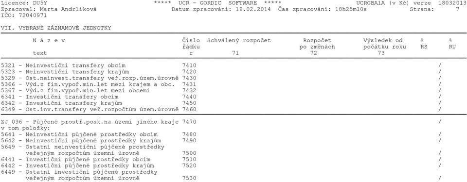 Neinvestièní transfery krajùm 7420 / 5329 - Ost.neinvest.transfery veø.rozp.územ.úrovnì 7430 / 5366 - Výd.z fin.vypoø.min.