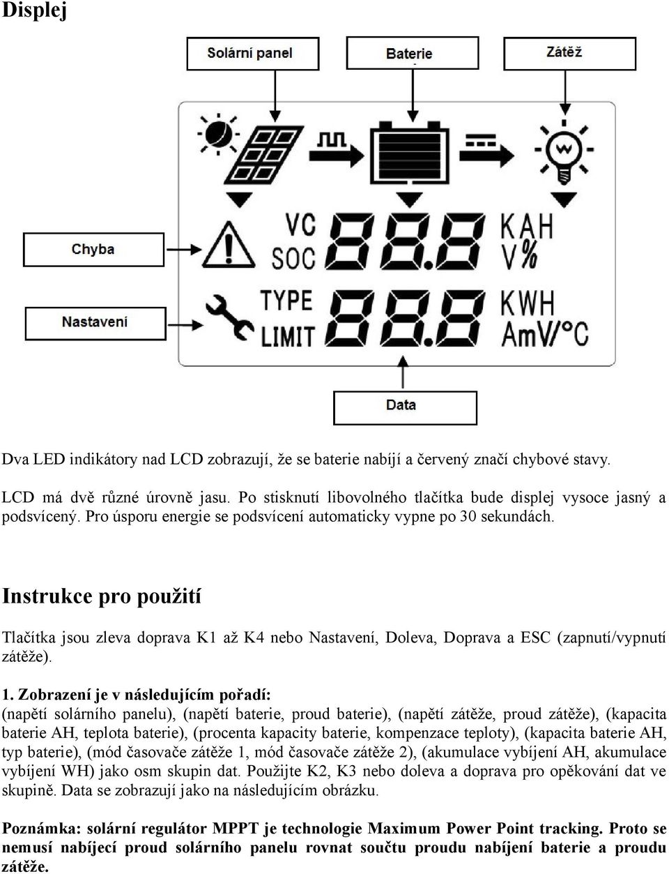 Instrukce pro použití Tlačítka jsou zleva doprava K1 až K4 nebo Nastavení, Doleva, Doprava a ESC (zapnutí/vypnutí zátěže). 1.