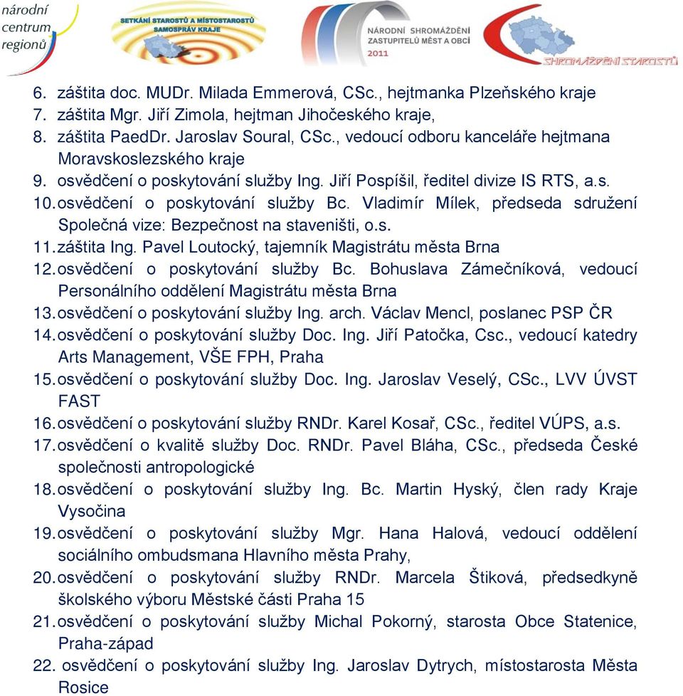 Vladimír Mílek, předseda sdružení Společná vize: Bezpečnost na staveništi, o.s. 11. záštita Ing. Pavel Loutocký, tajemník Magistrátu města Brna 12. osvědčení o poskytování služby Bc.