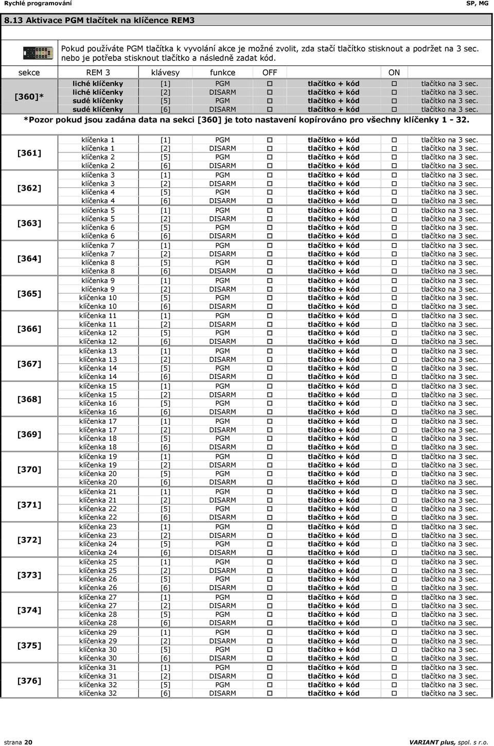 liché klíčenky [2] DISARM tlačítko + kód tlačítko na 3 sec. [360]* sudé klíčenky [5] PGM tlačítko + kód tlačítko na 3 sec. sudé klíčenky [6] DISARM tlačítko + kód tlačítko na 3 sec.