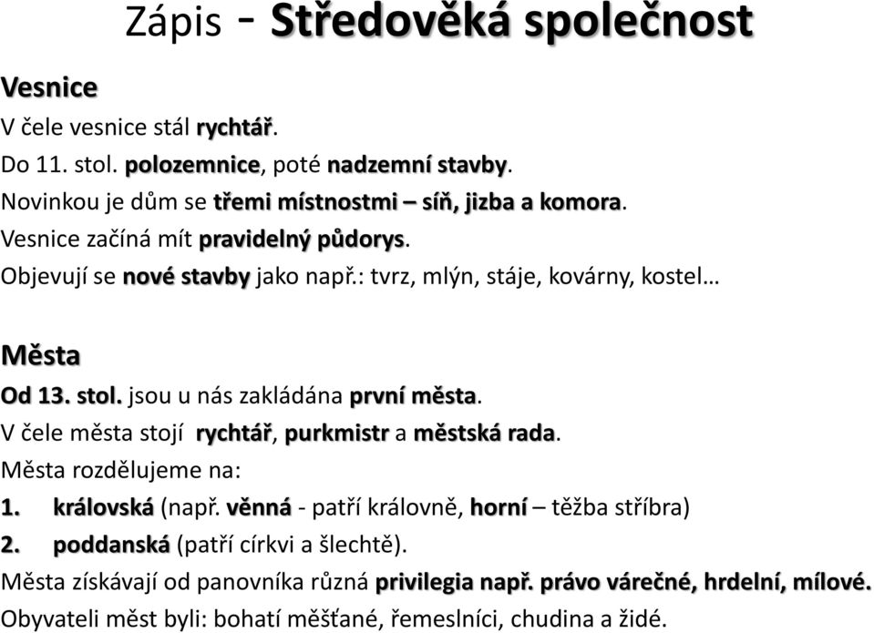 : tvrz, mlýn, stáje, kovárny, kostel Města Od 13. stol. jsou u nás zakládána první města. V čele města stojí rychtář, purkmistr a městská rada.